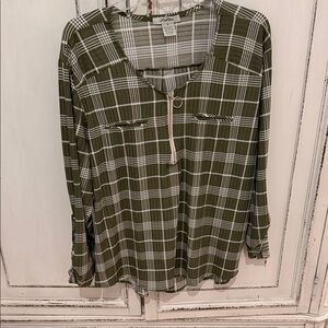 Olive Plaid Blouse with Front Zipper